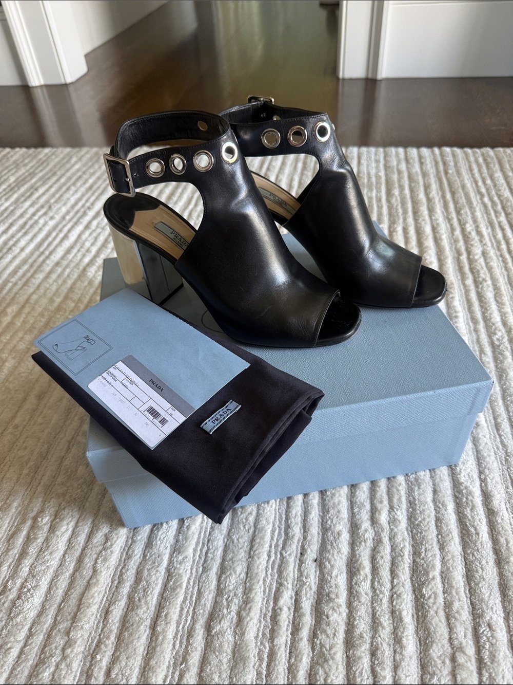 Prada Black Leather Grommet Ankle-Strap Peep-Toe Heels with Metallic Block Heel